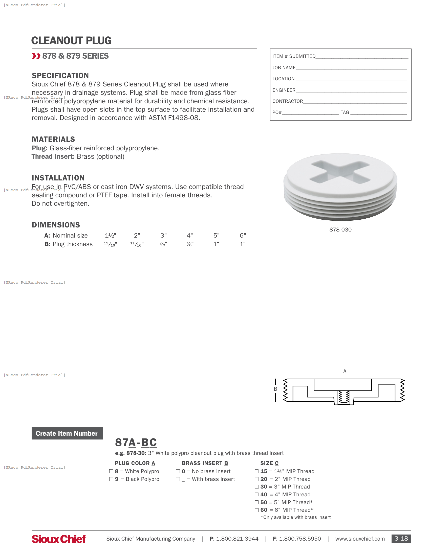 878-879 SERIES - SLOTTED CLEANOUT PLUG - SPEC SHEET.PDF Specification Document